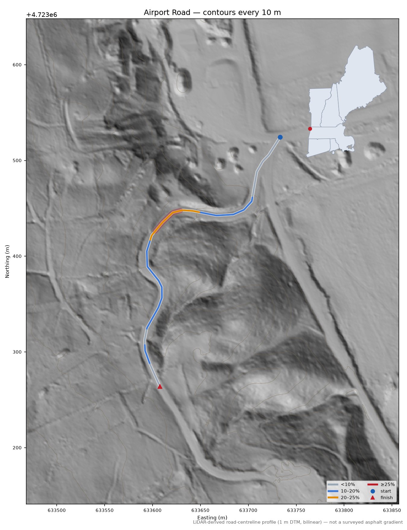 Airport Road LiDAR hillshade map with contours