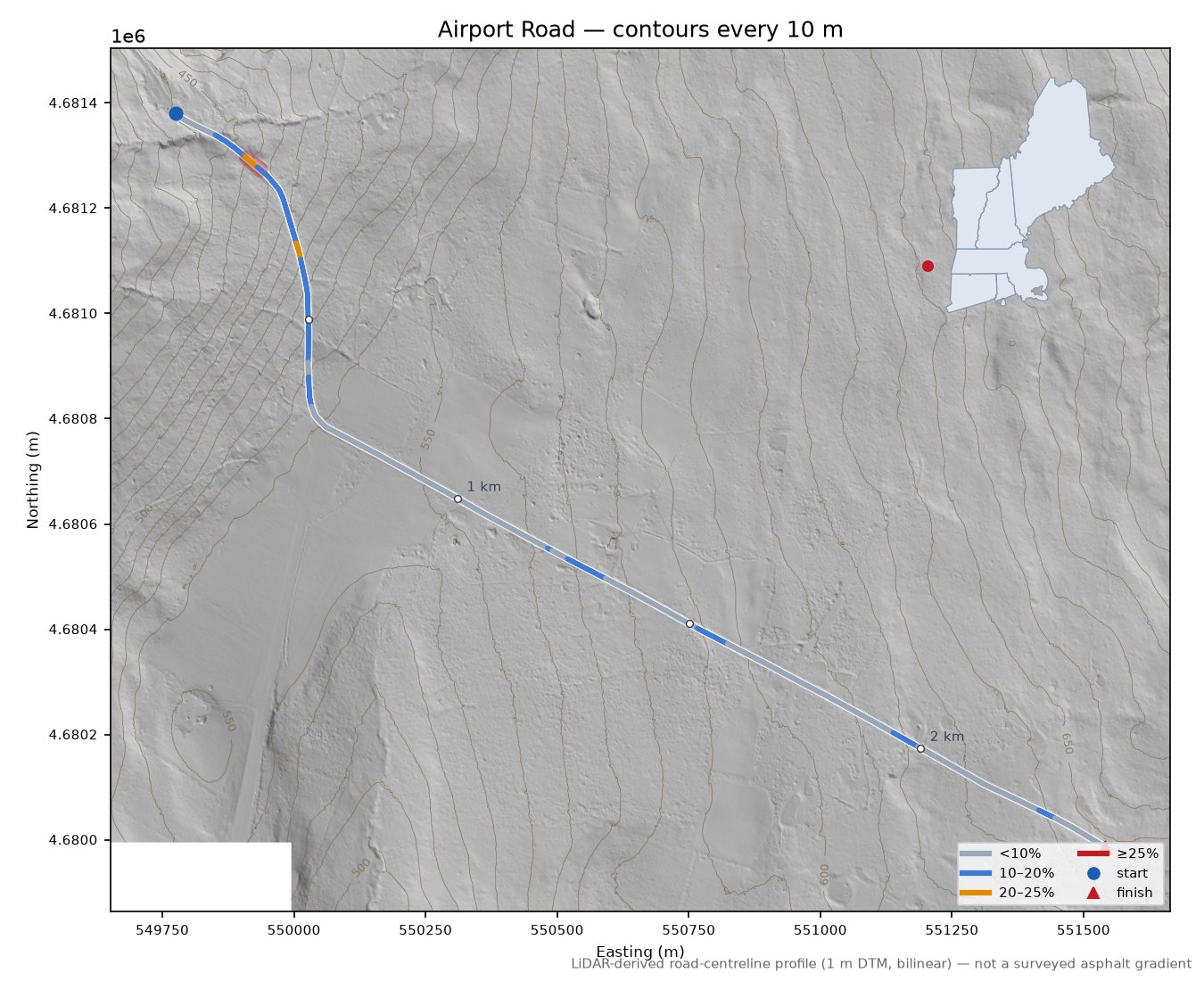 Airport Road LiDAR hillshade map with contours