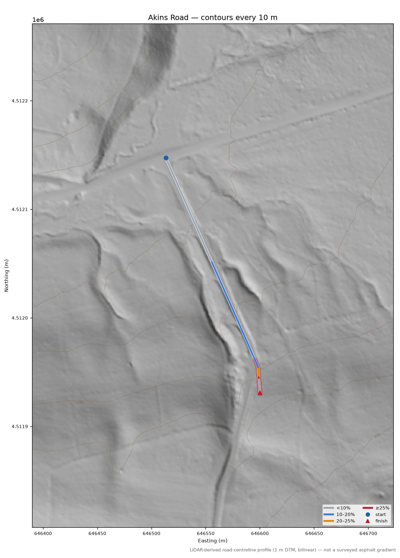 Akins Road LiDAR hillshade map with contours