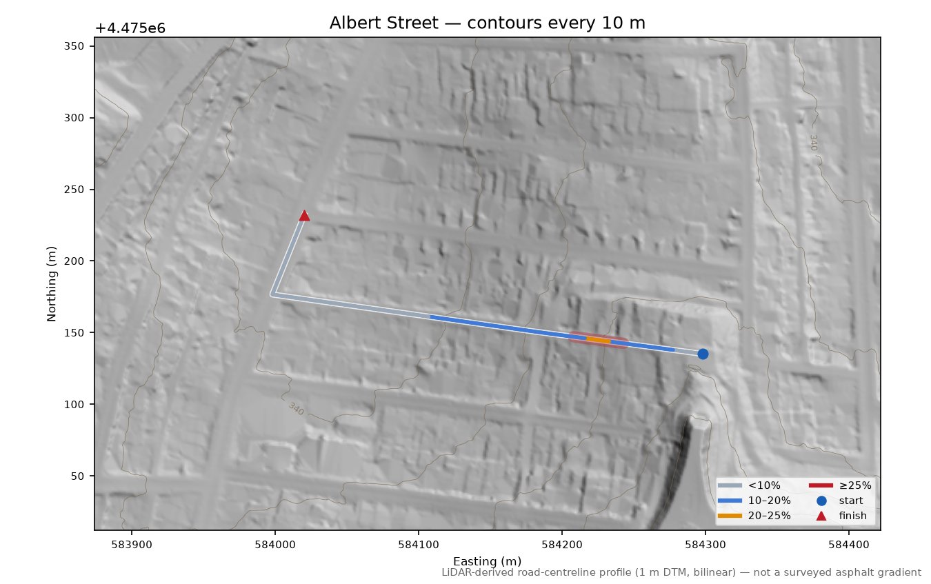 Albert Street LiDAR hillshade map with contours