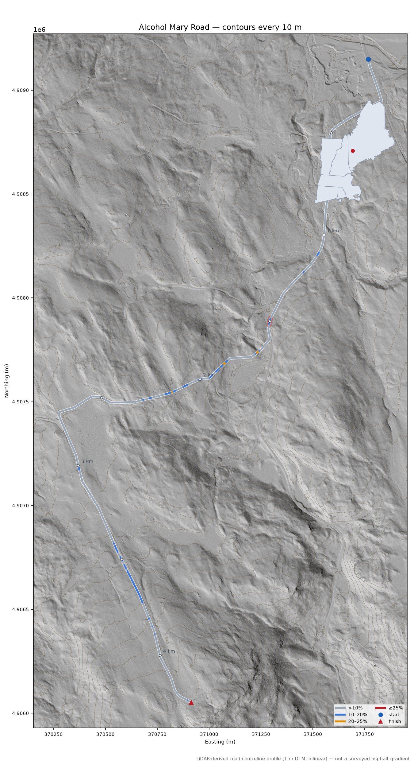 Alcohol Mary Road LiDAR hillshade map with contours