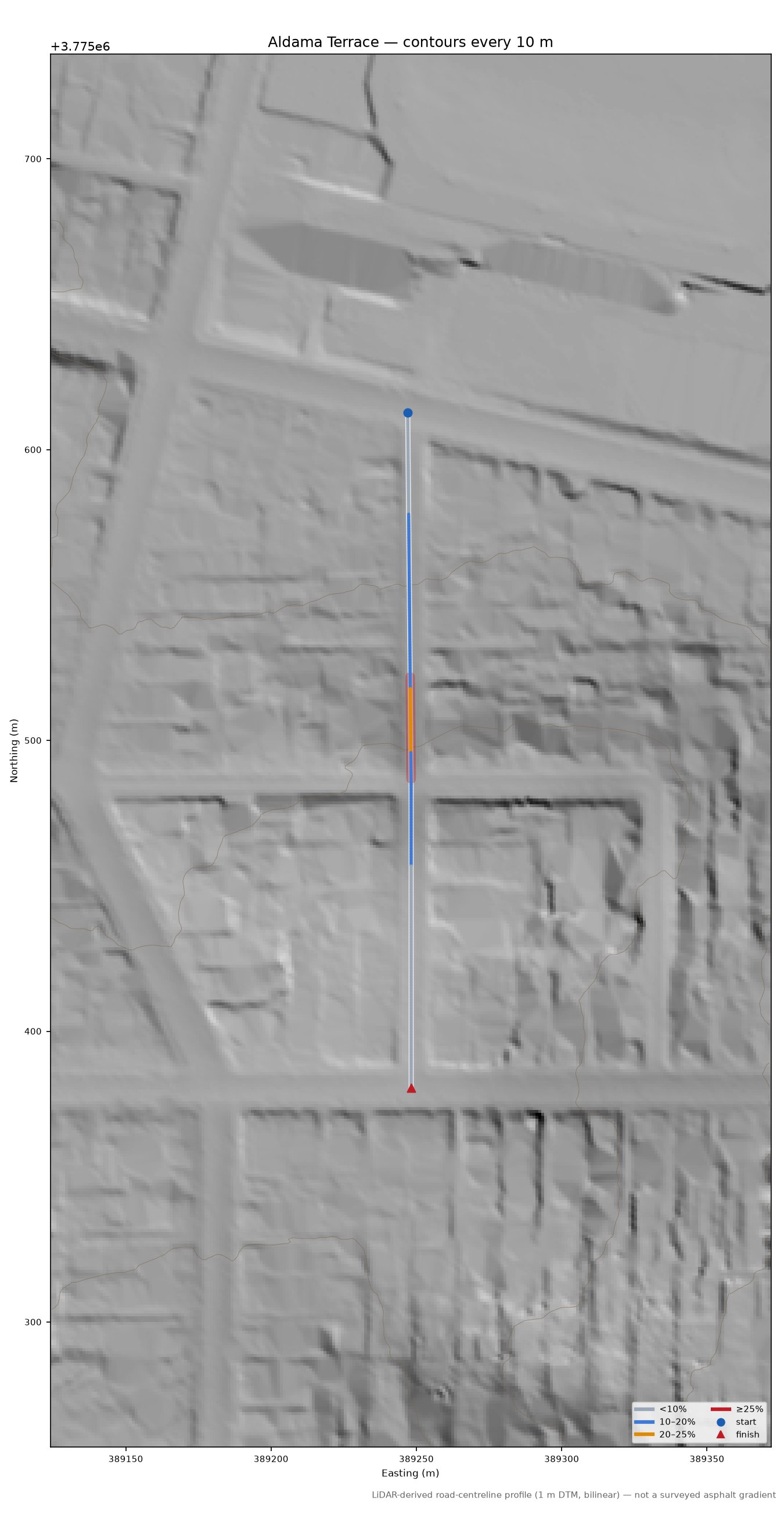 Aldama Terrace LiDAR hillshade map with contours
