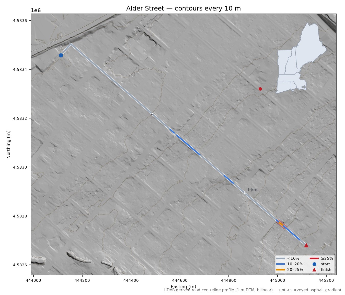 Alder Street LiDAR hillshade map with contours