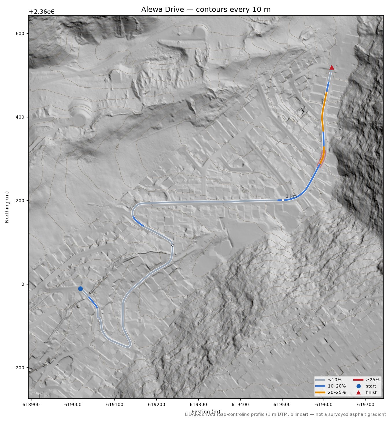 Alewa Drive LiDAR hillshade map with contours