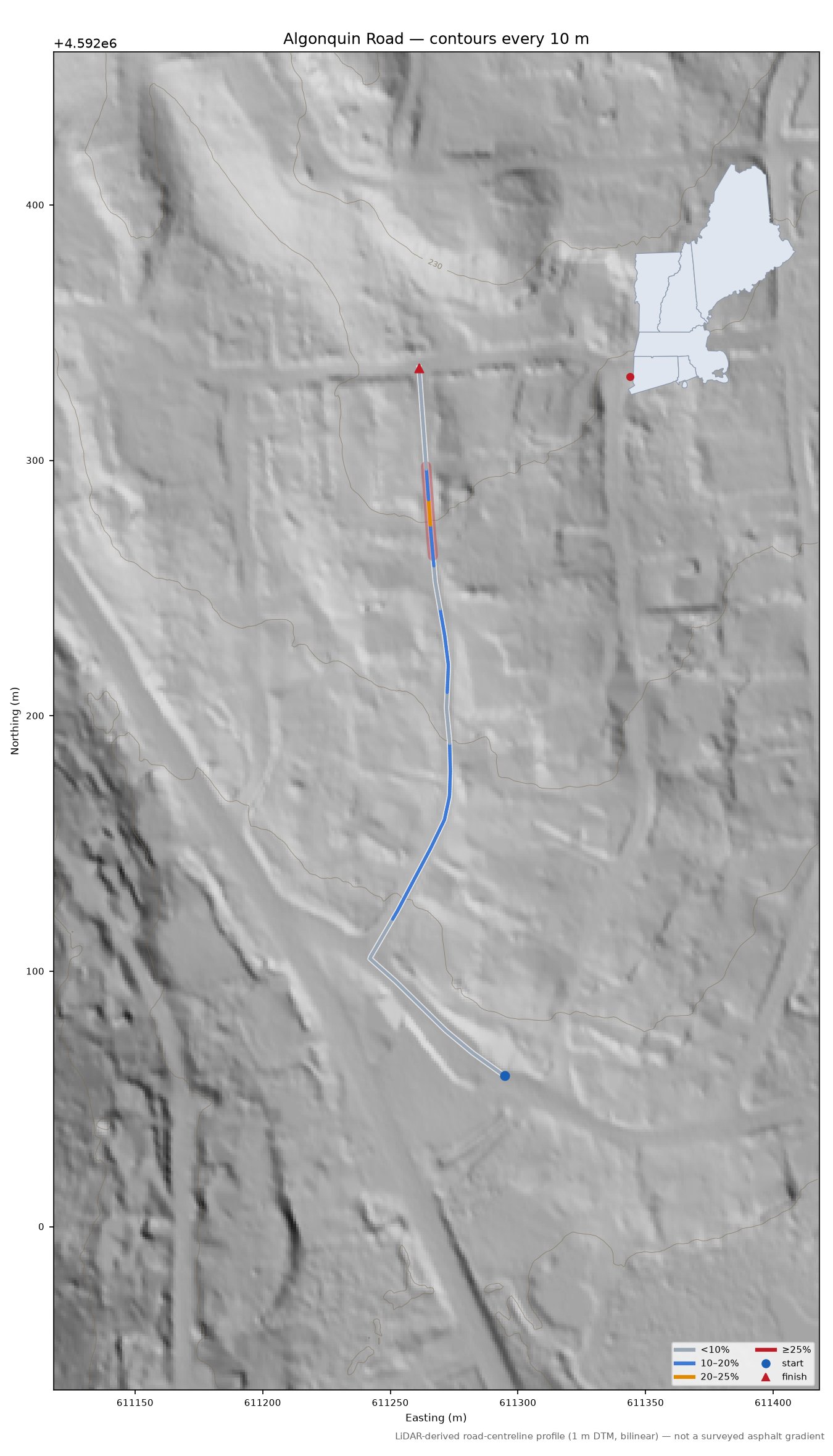 Algonquin Road LiDAR hillshade map with contours