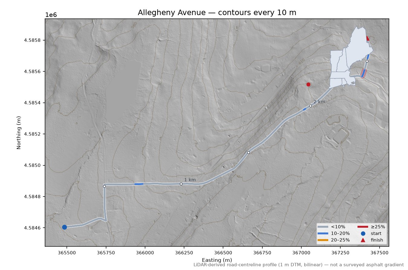 Allegheny Avenue LiDAR hillshade map with contours