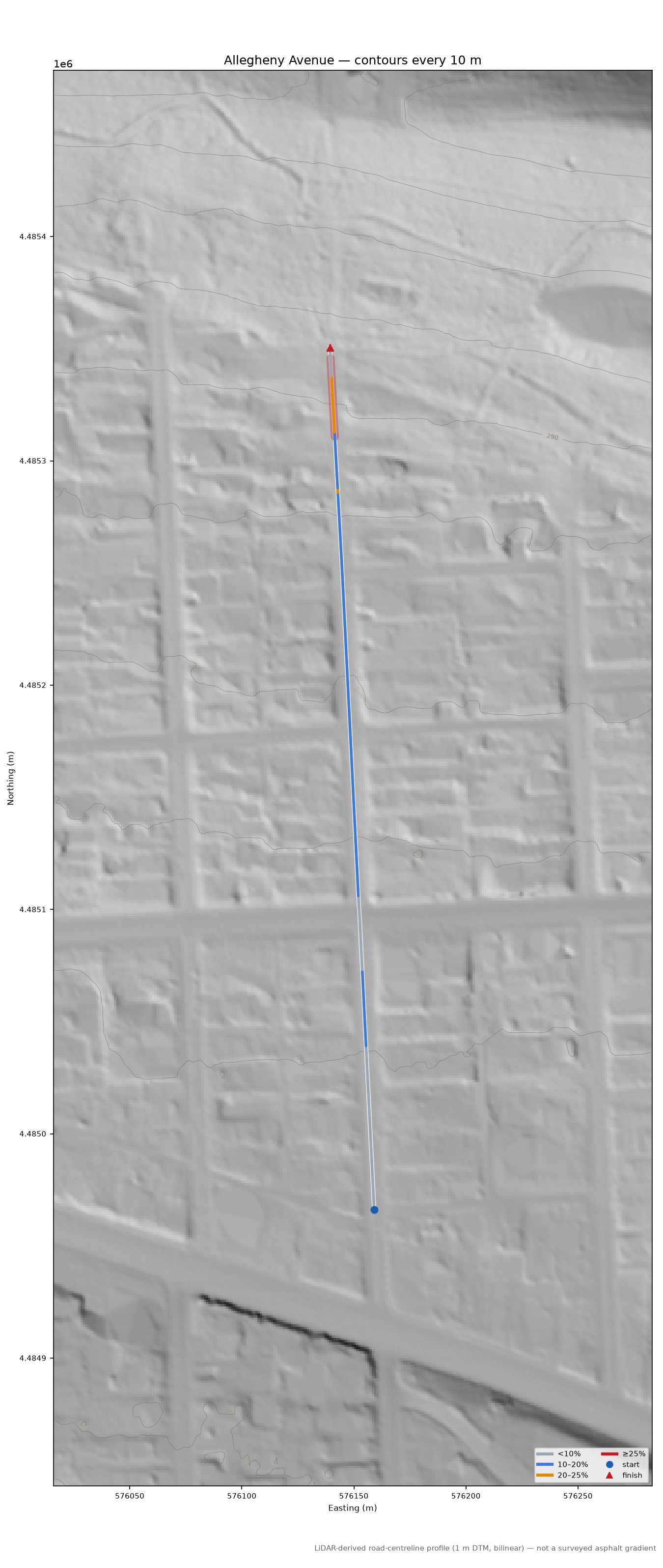 Allegheny Avenue LiDAR hillshade map with contours