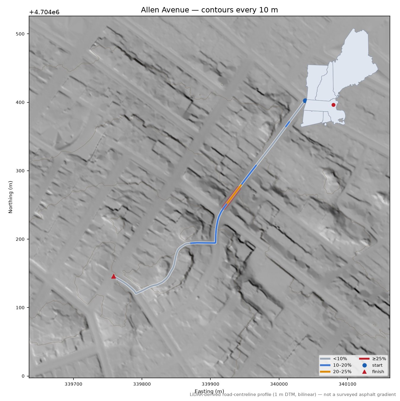 Allen Avenue LiDAR hillshade map with contours