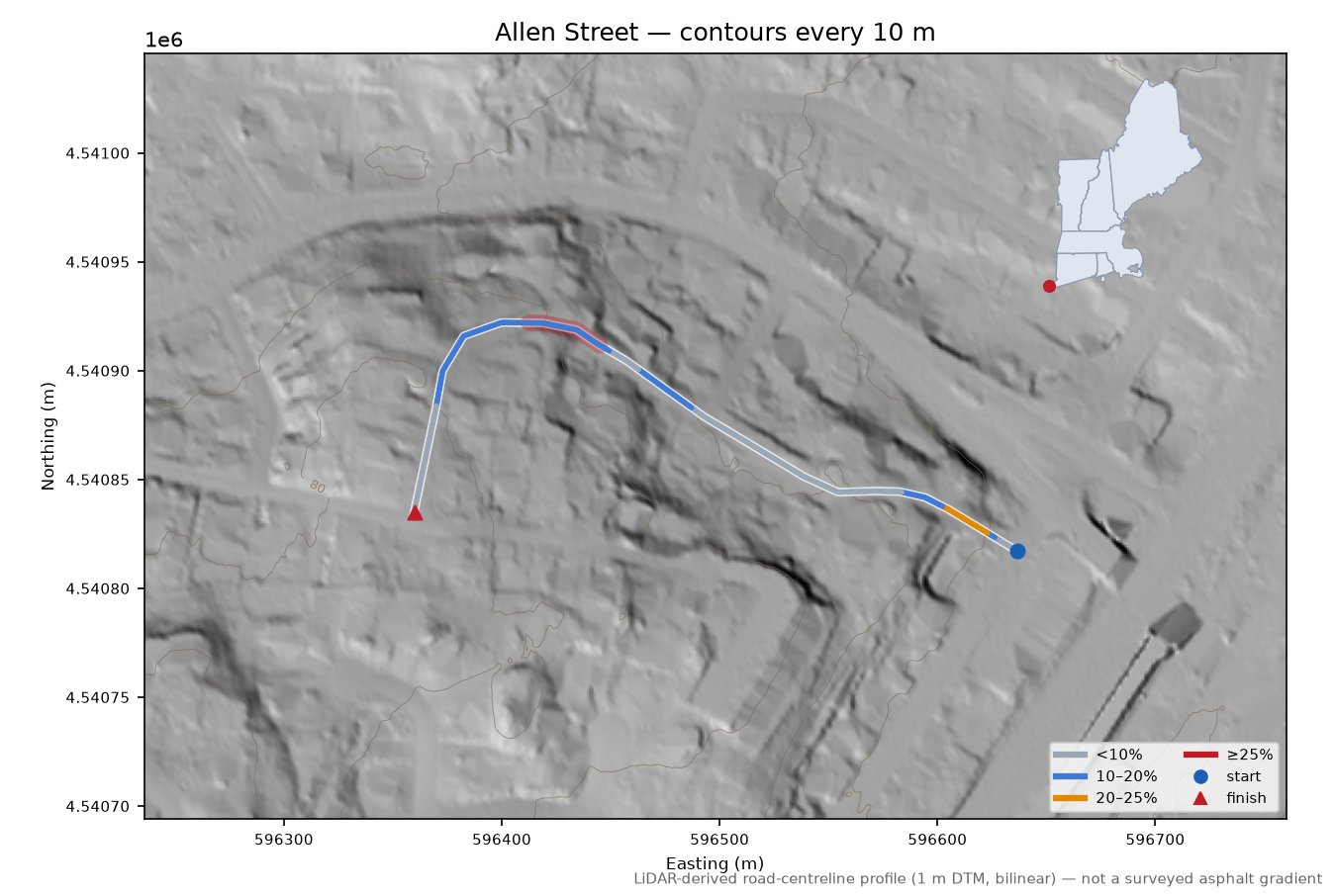 Allen Street LiDAR hillshade map with contours