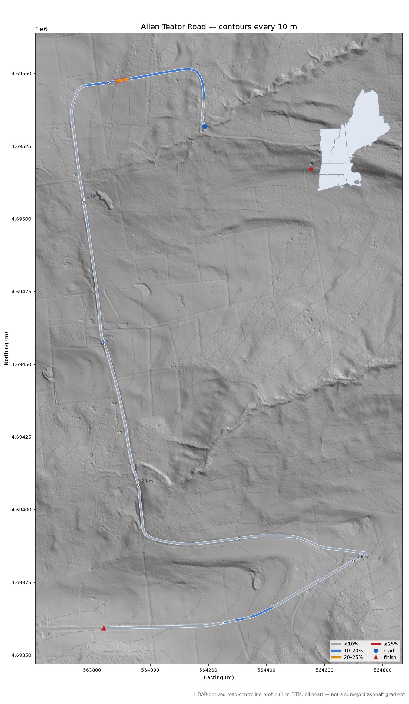 Allen Teator Road LiDAR hillshade map with contours