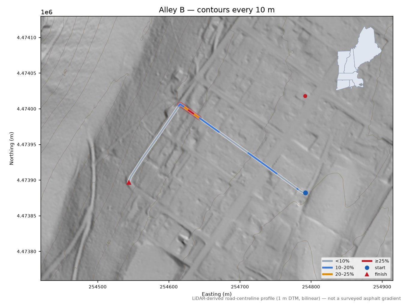 Alley B LiDAR hillshade map with contours