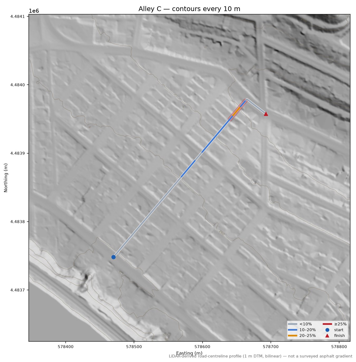Alley C LiDAR hillshade map with contours