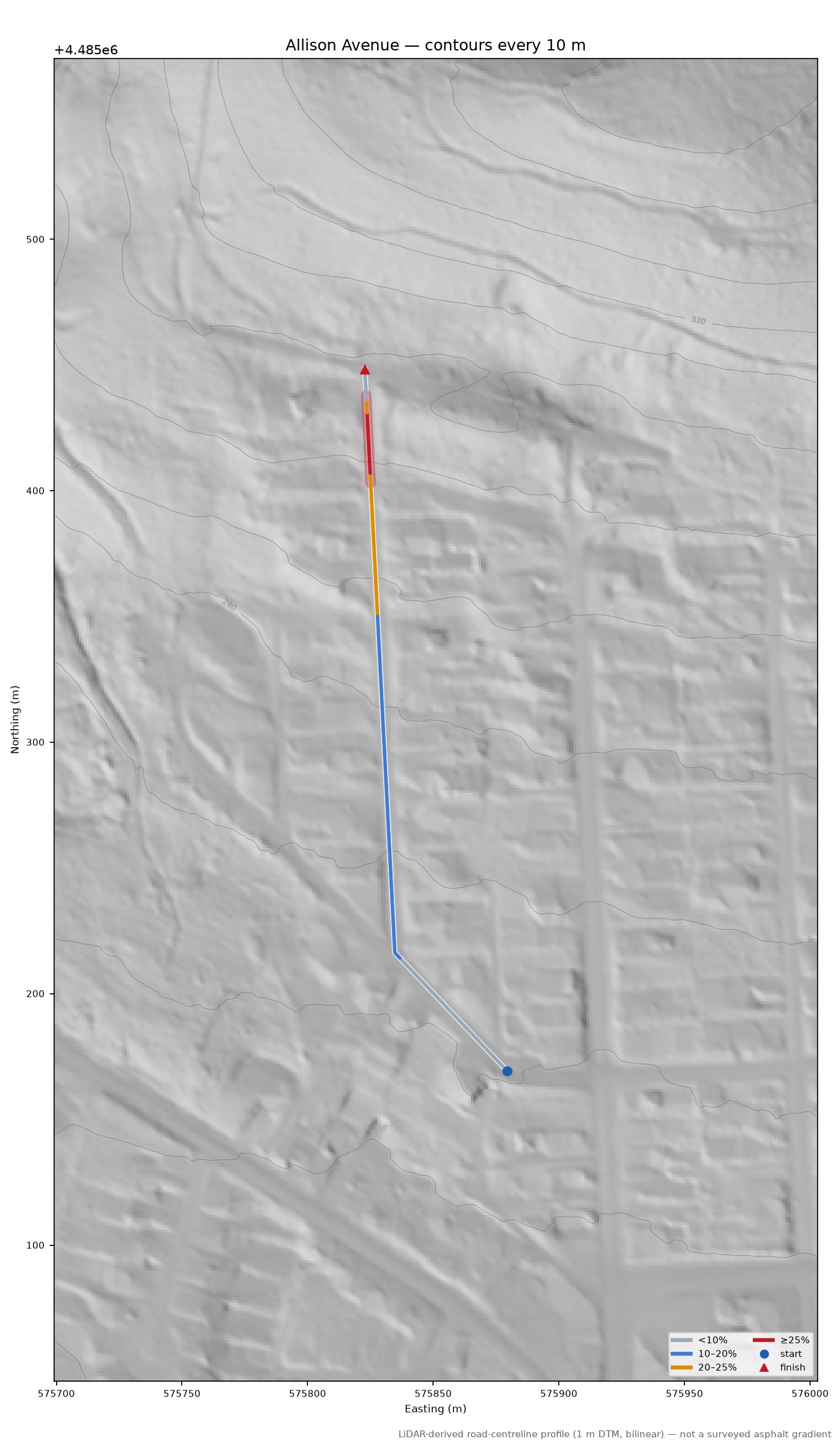 Allison Avenue LiDAR hillshade map with contours