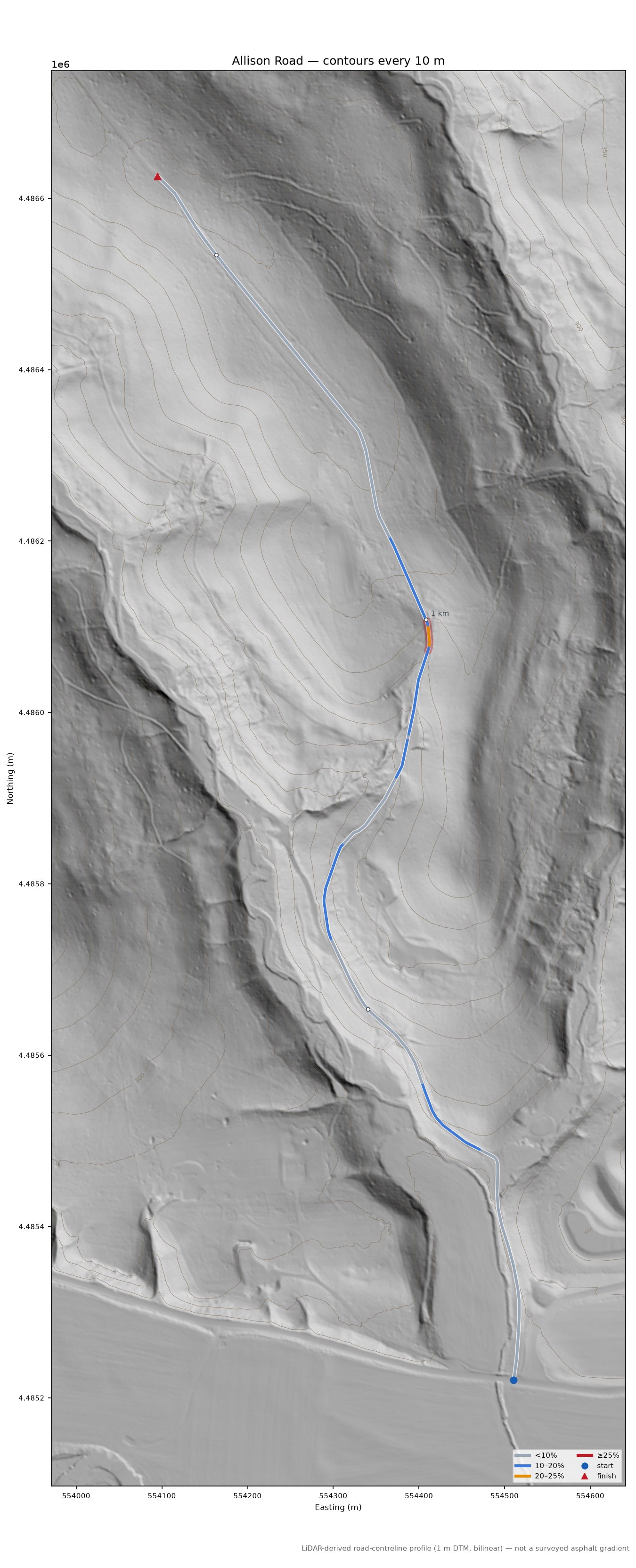 Allison Road LiDAR hillshade map with contours
