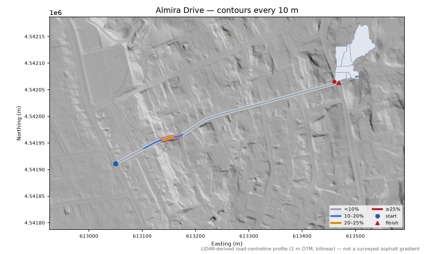 Almira Drive LiDAR hillshade map with contours