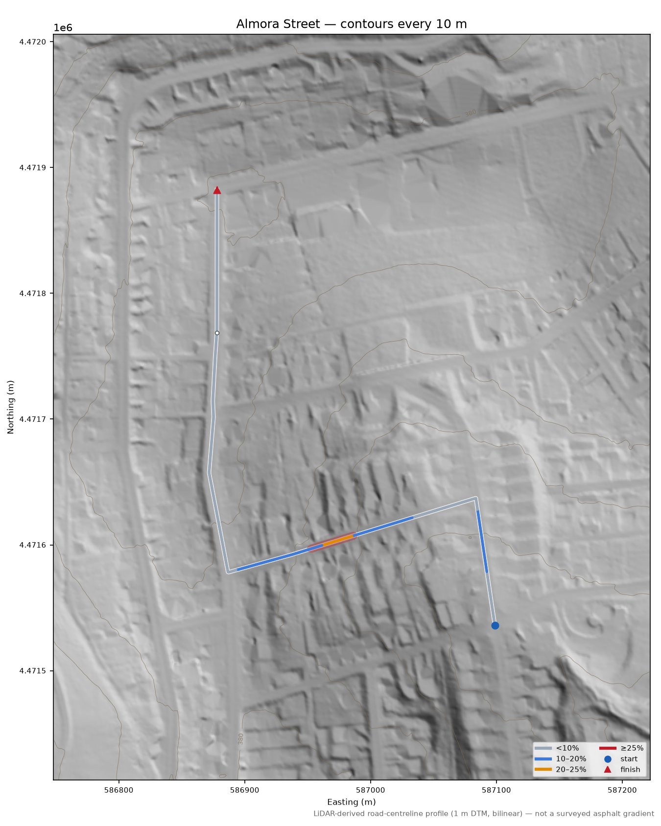 Almora Street LiDAR hillshade map with contours