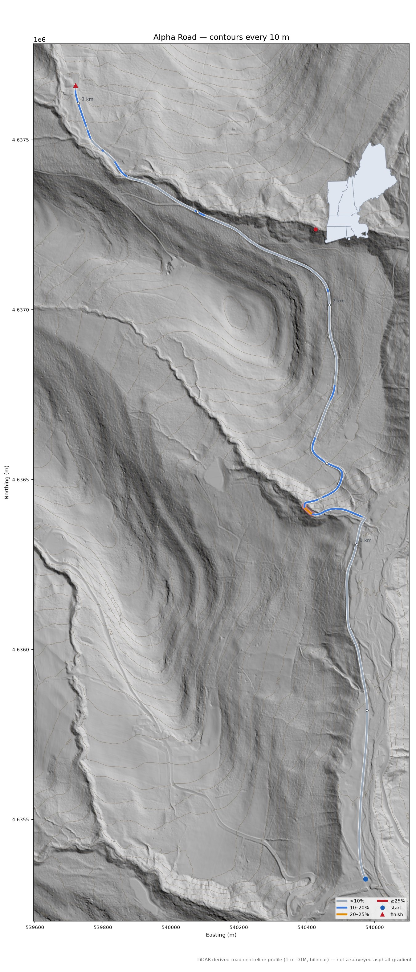 Alpha Road LiDAR hillshade map with contours