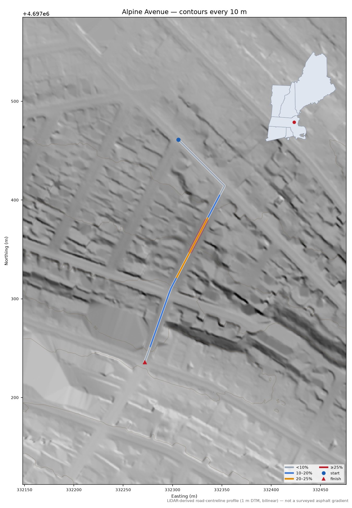 Alpine Avenue LiDAR hillshade map with contours