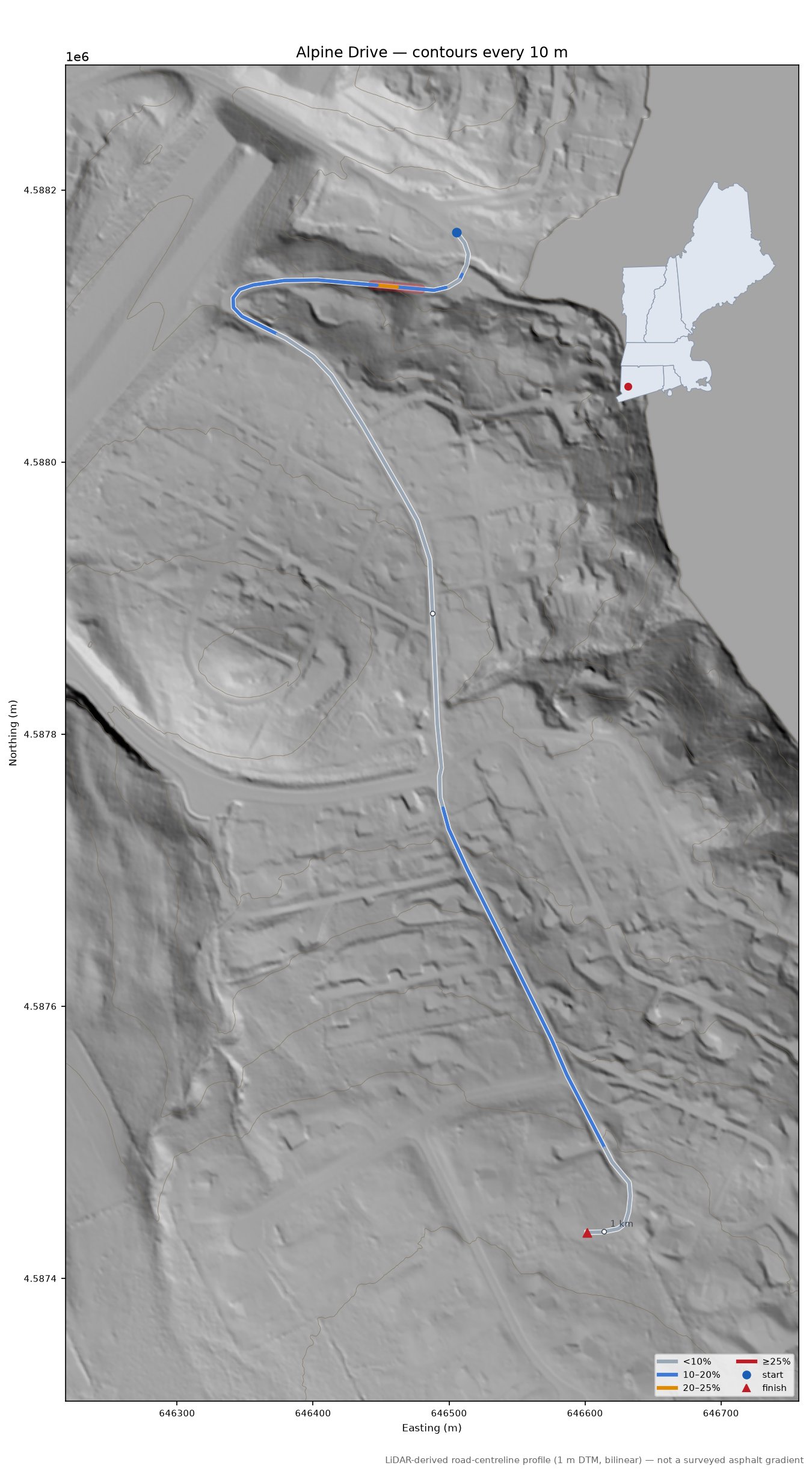 Alpine Drive LiDAR hillshade map with contours