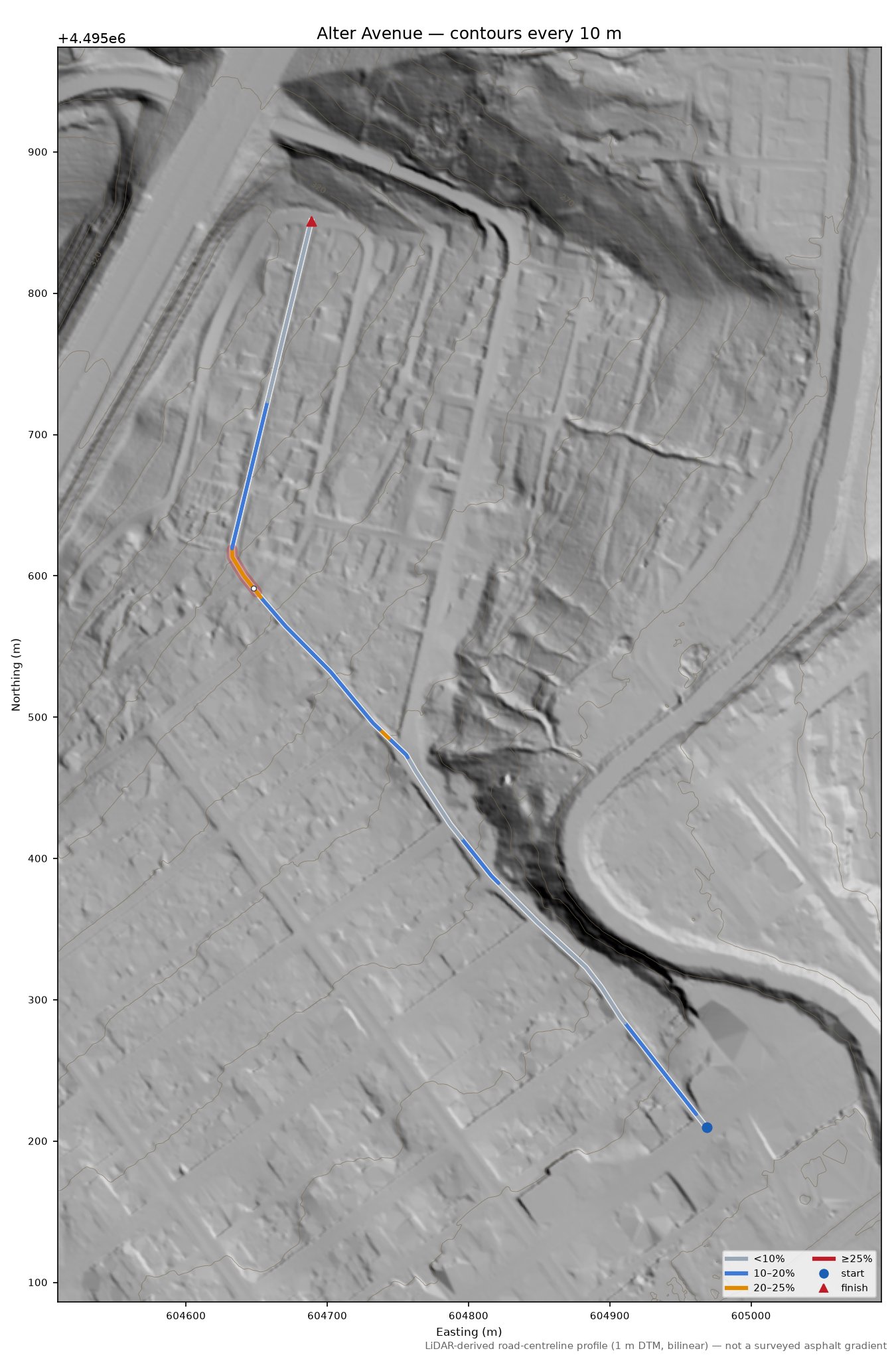 Alter Avenue LiDAR hillshade map with contours