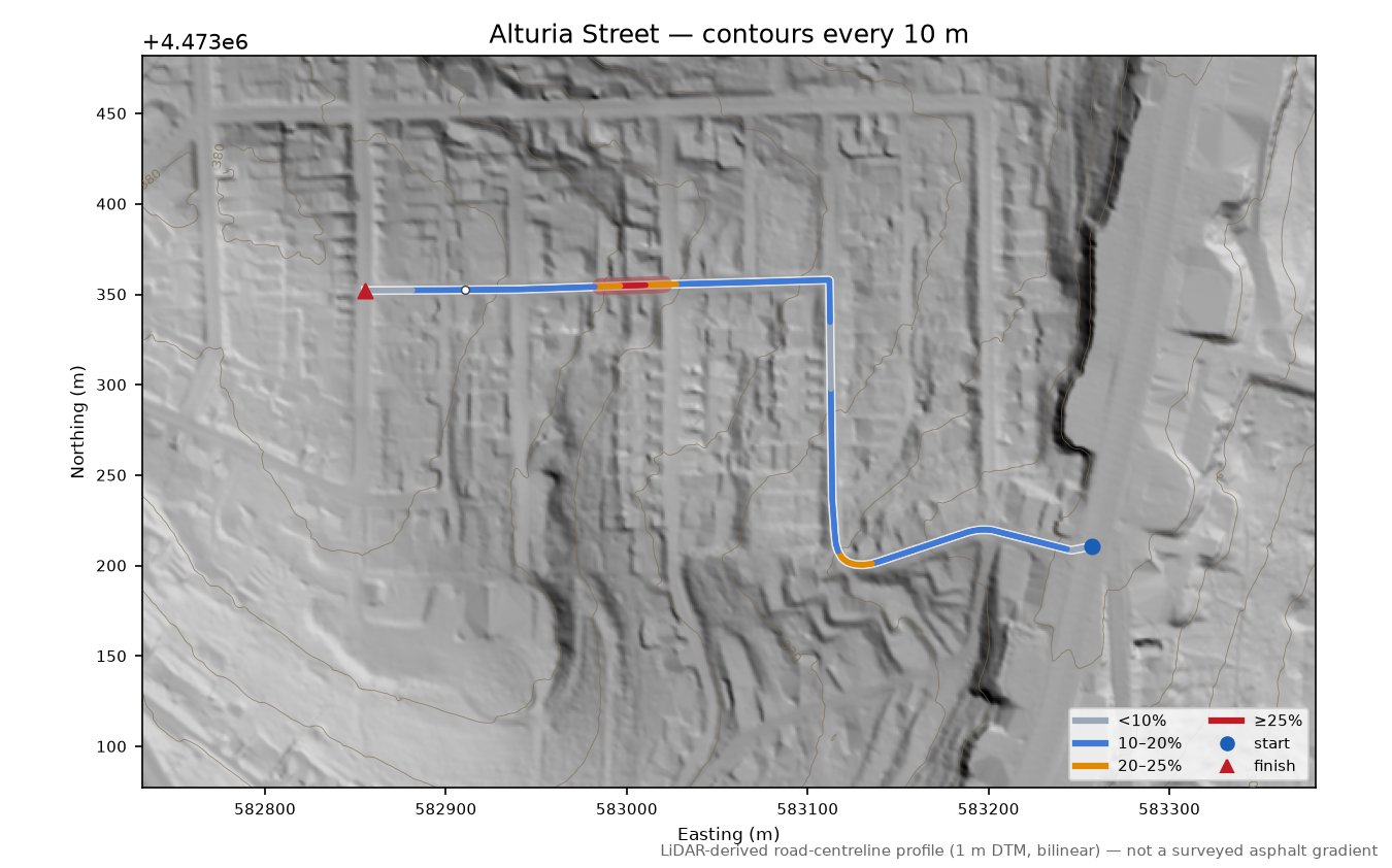 Alturia Street LiDAR hillshade map with contours