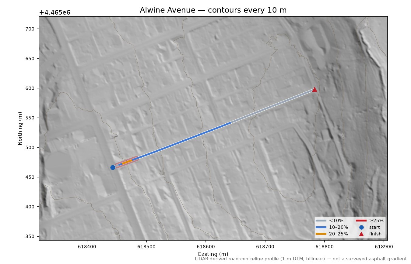 Alwine Avenue LiDAR hillshade map with contours