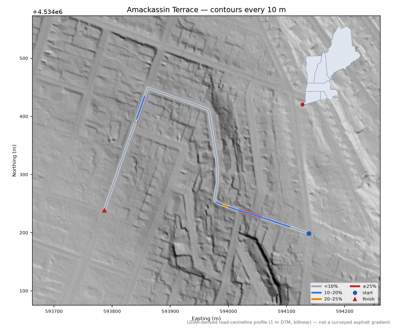 Amackassin Terrace LiDAR hillshade map with contours