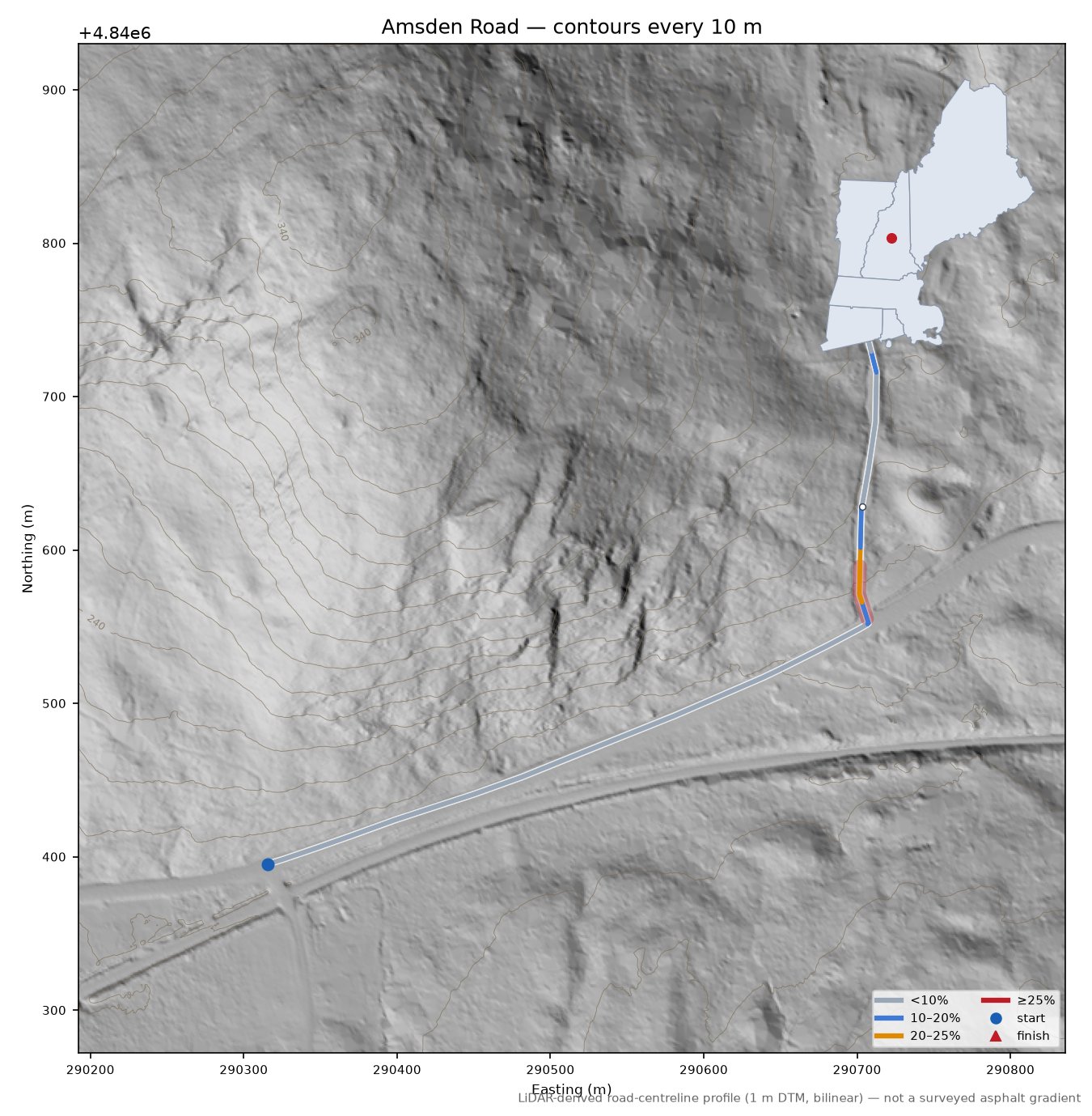 Amsden Road LiDAR hillshade map with contours