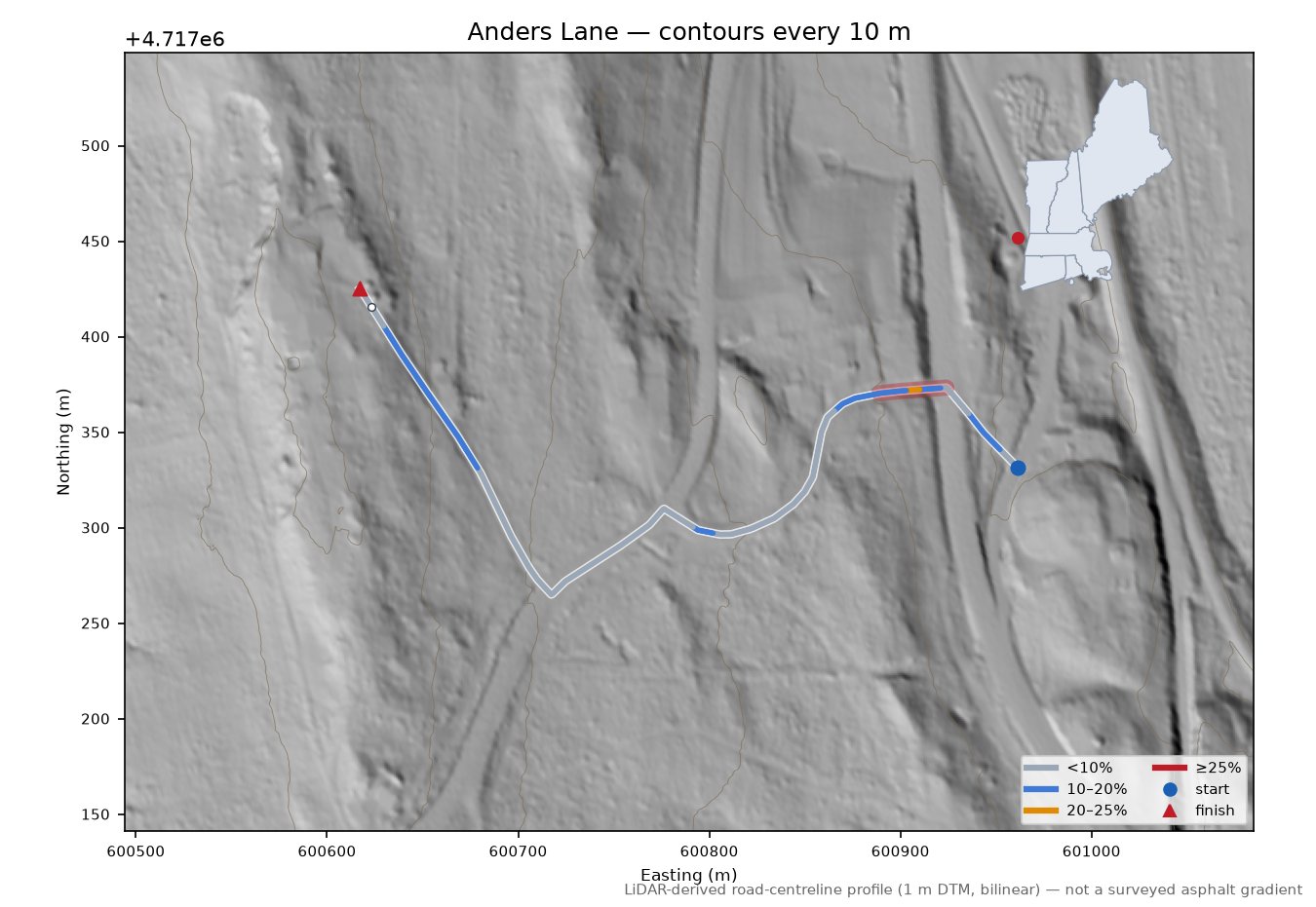 Anders Lane LiDAR hillshade map with contours