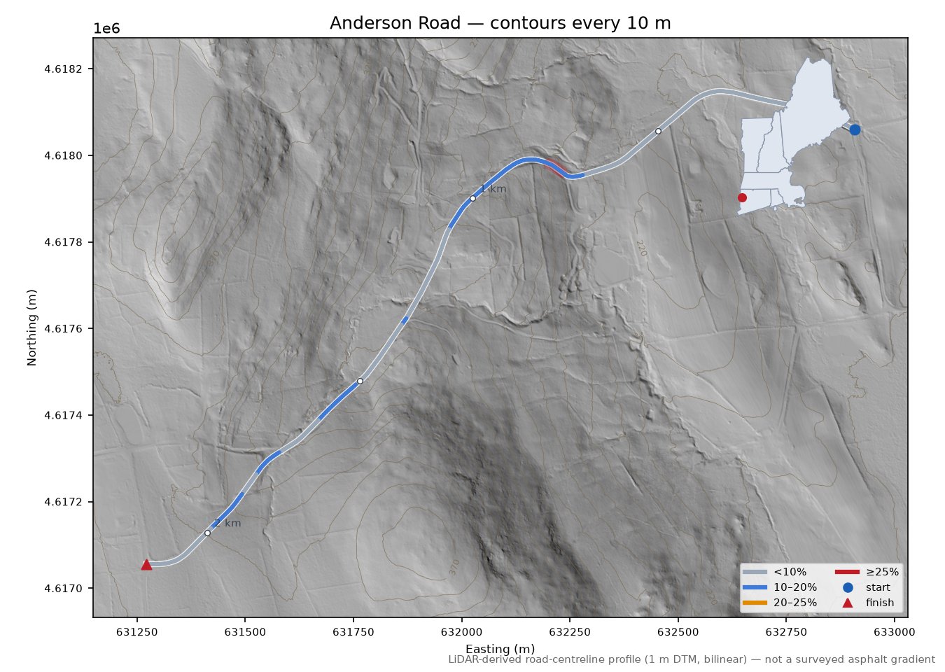 Anderson Road LiDAR hillshade map with contours