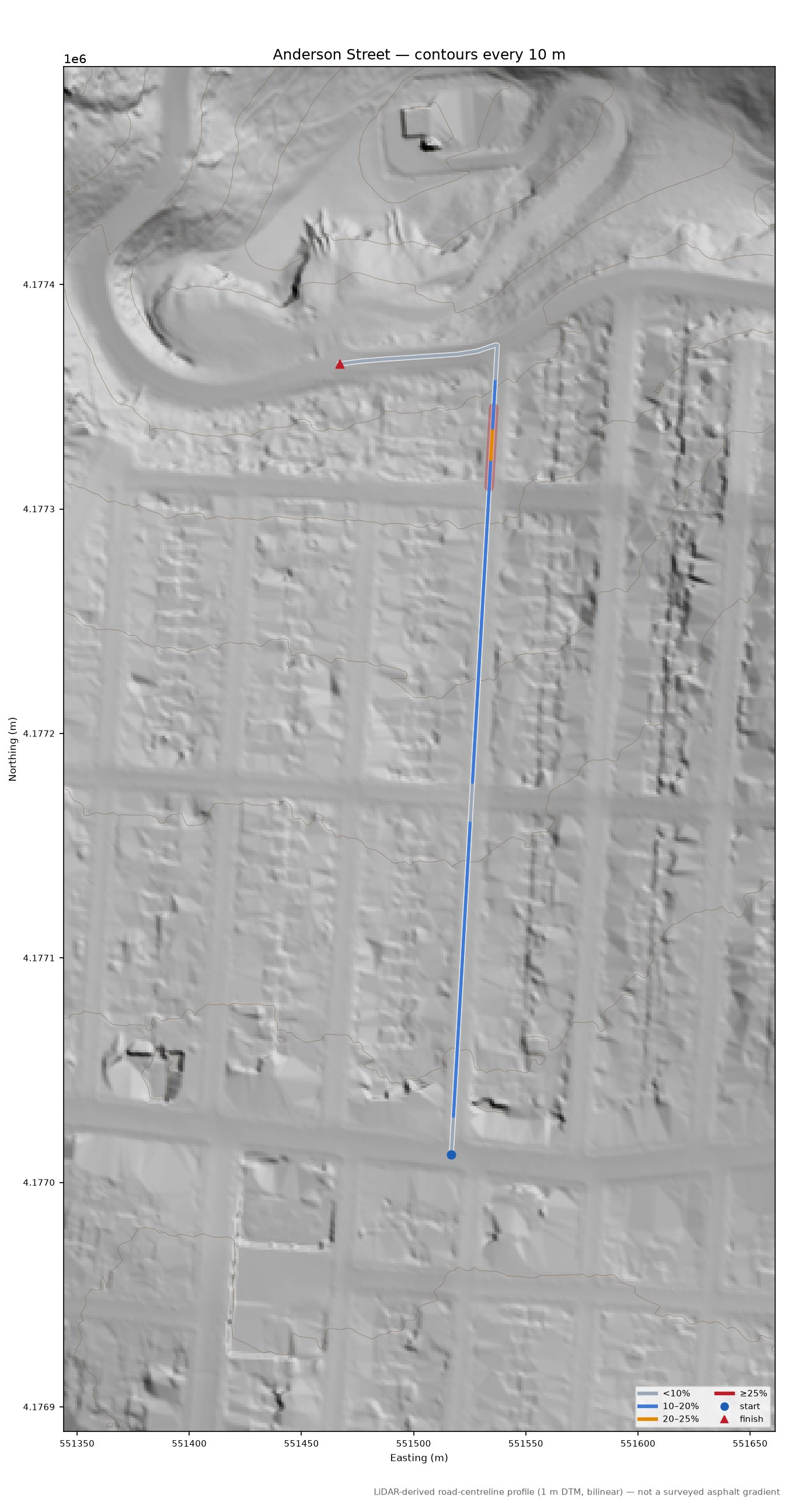 Anderson Street LiDAR hillshade map with contours