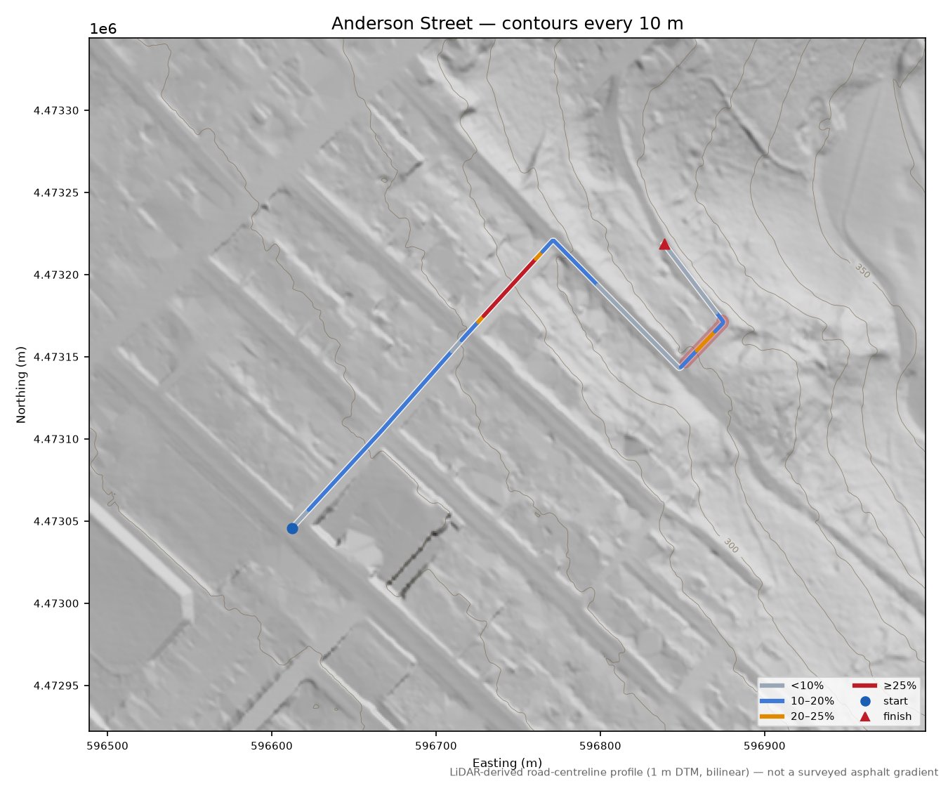 Anderson Street LiDAR hillshade map with contours