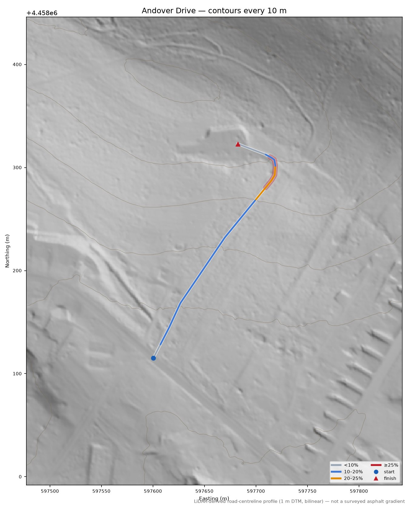 Andover Drive LiDAR hillshade map with contours