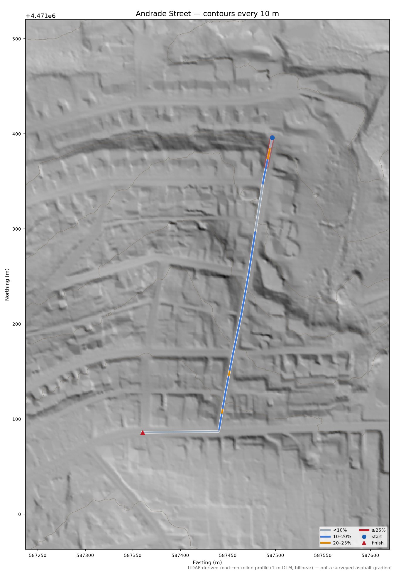 Andrade Street LiDAR hillshade map with contours