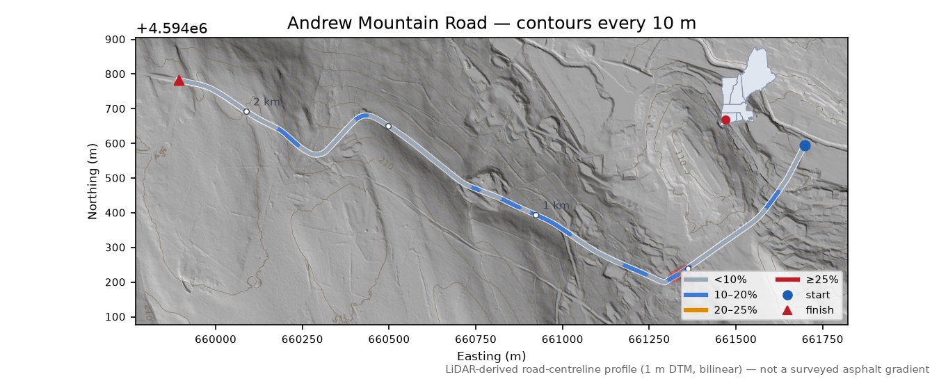 Andrew Mountain Road LiDAR hillshade map with contours