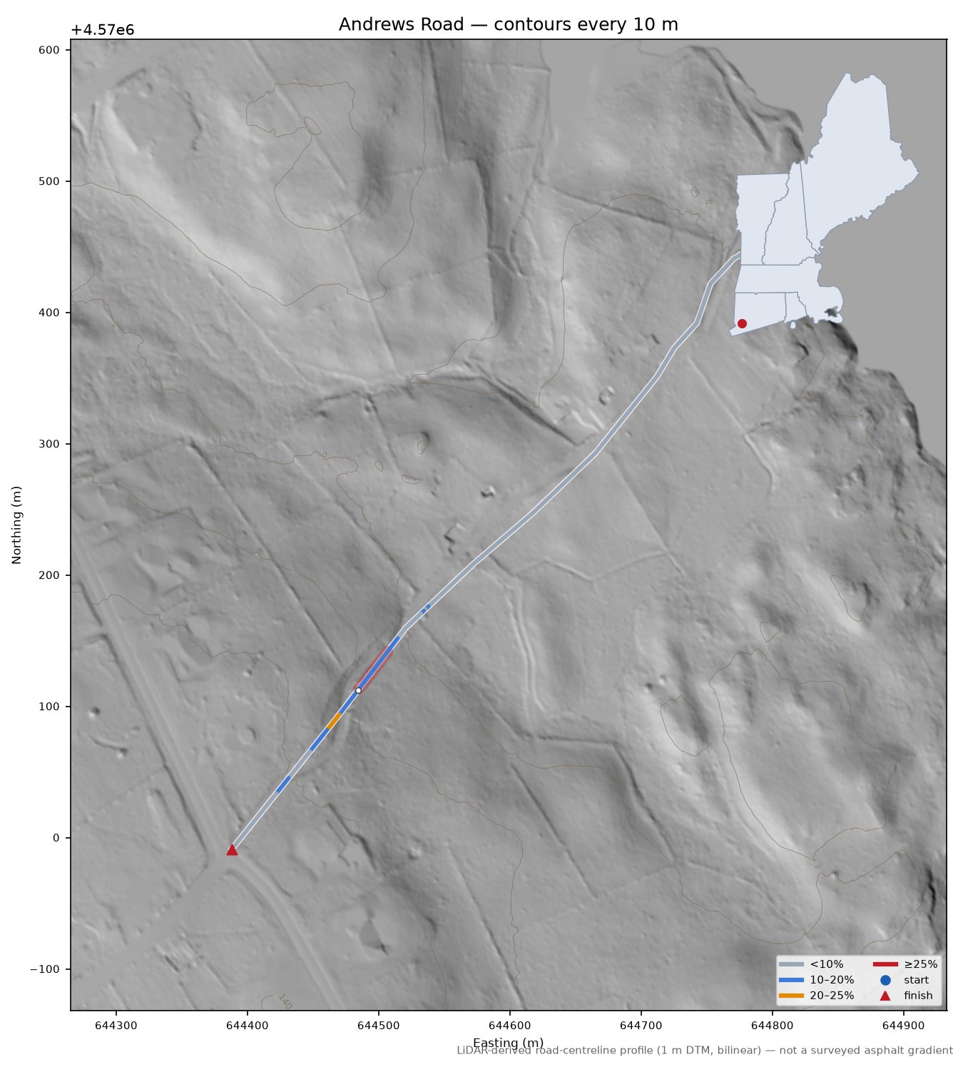 Andrews Road LiDAR hillshade map with contours
