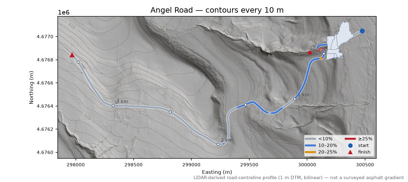 Angel Road LiDAR hillshade map with contours