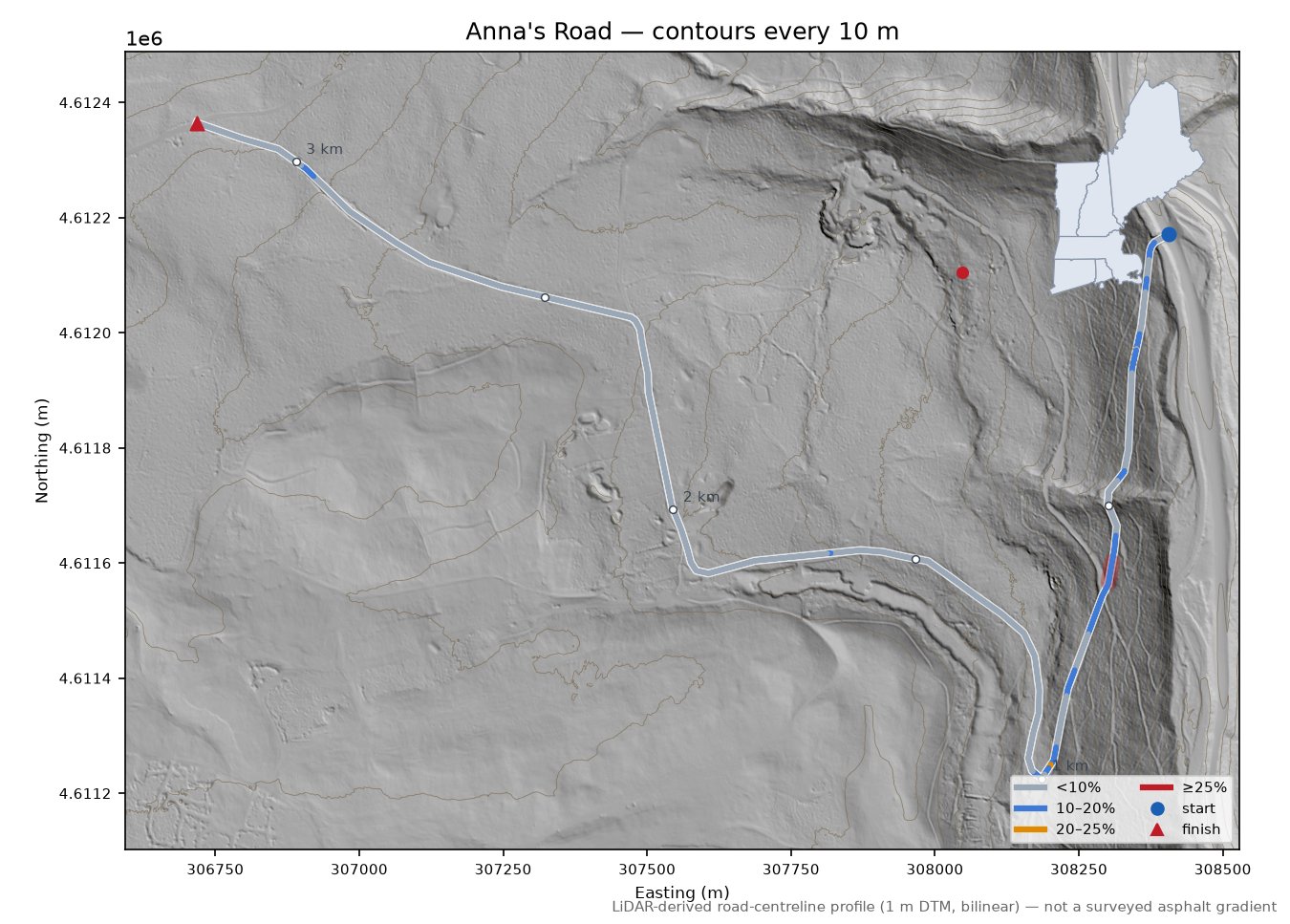 Anna's Road LiDAR hillshade map with contours