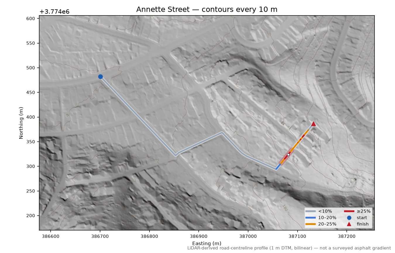 Annette Street LiDAR hillshade map with contours
