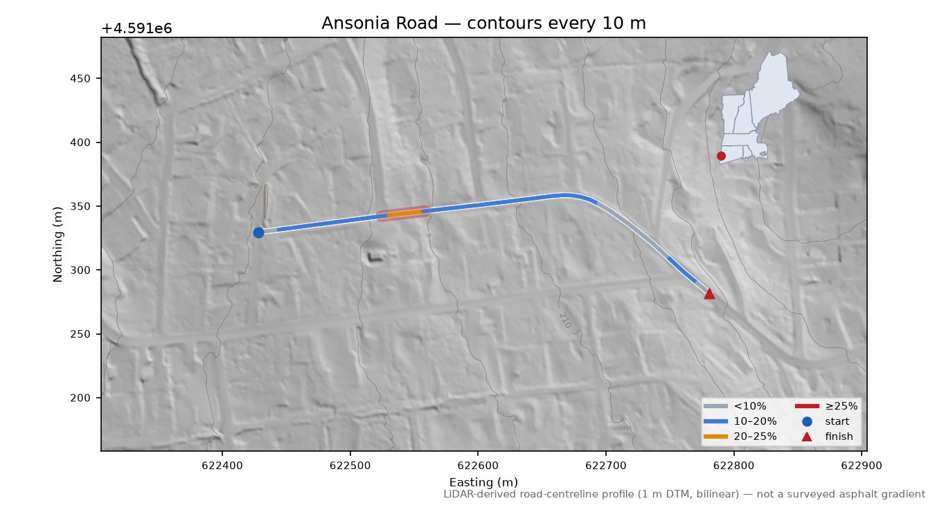 Ansonia Road LiDAR hillshade map with contours
