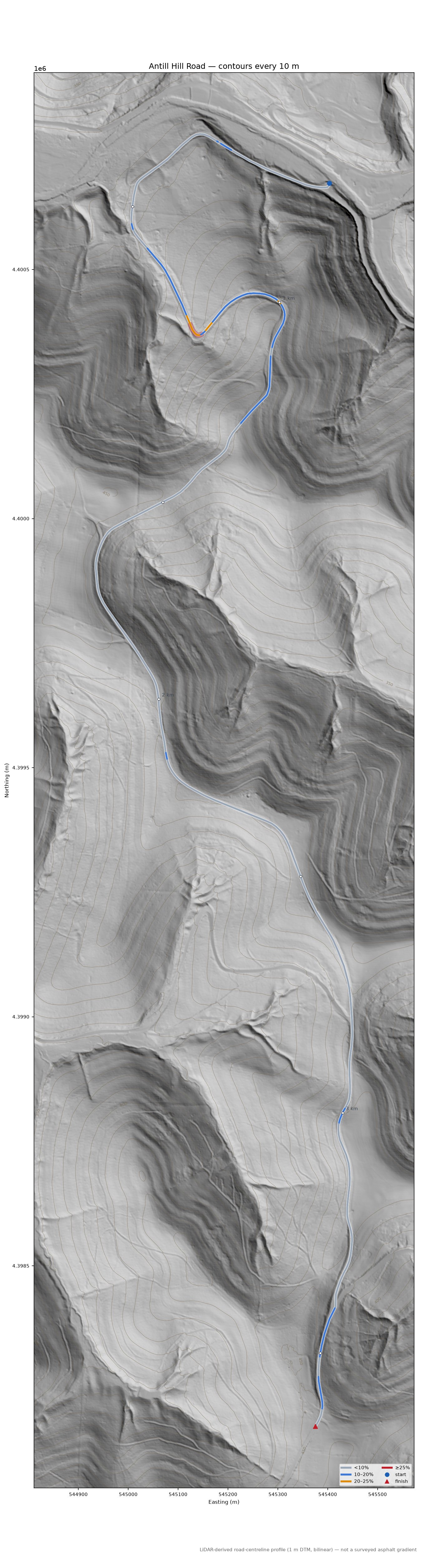 Antill Hill Road LiDAR hillshade map with contours
