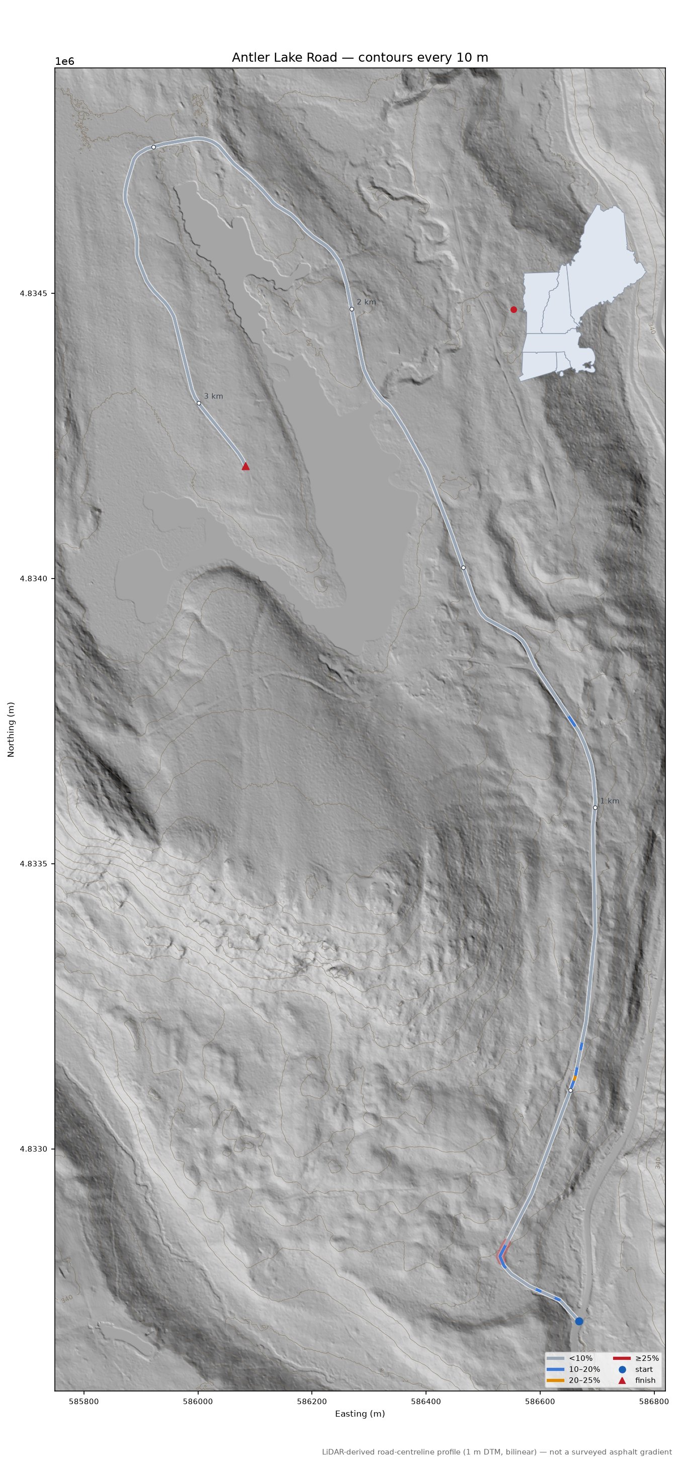 Antler Lake Road LiDAR hillshade map with contours