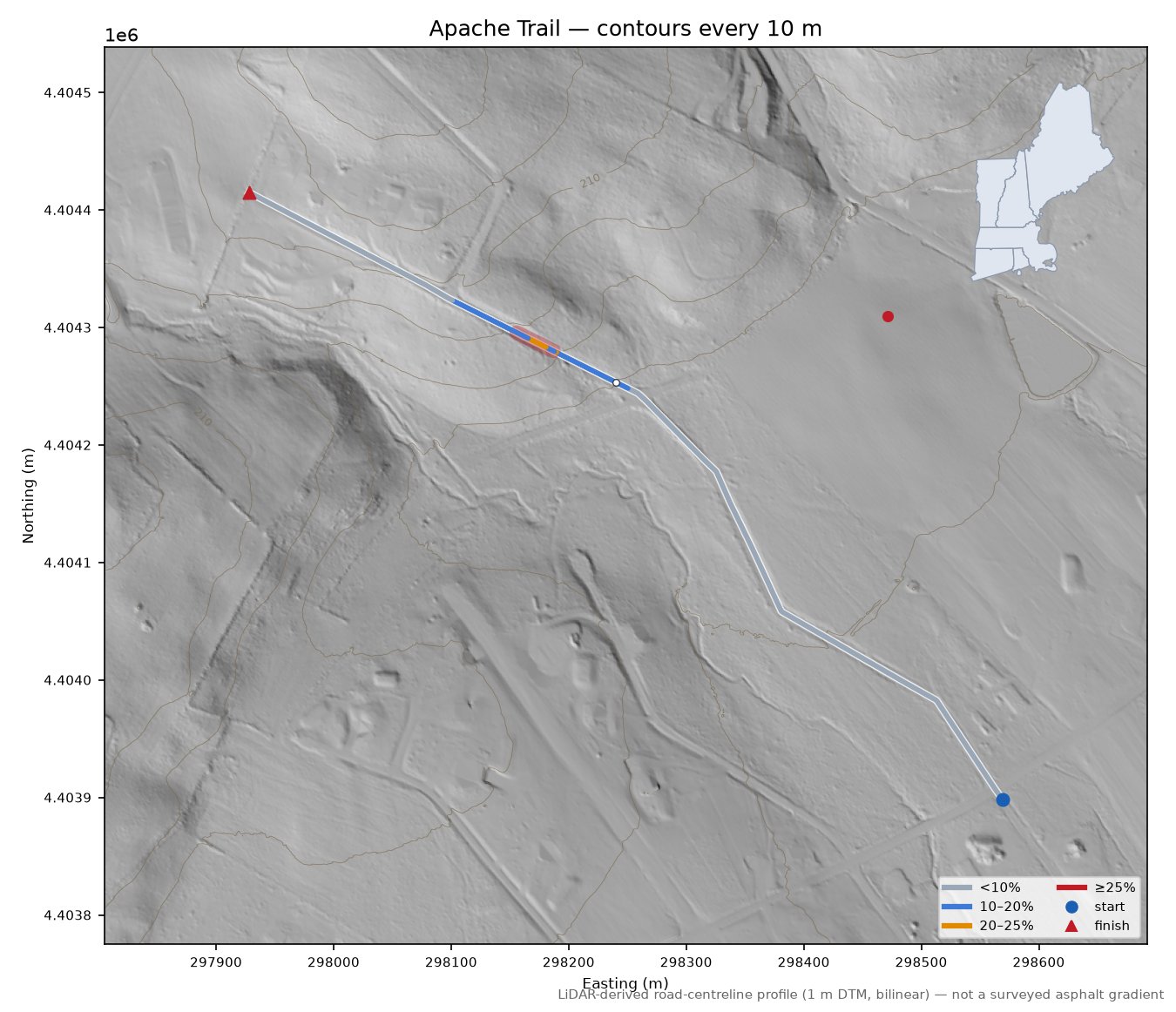 Apache Trail LiDAR hillshade map with contours