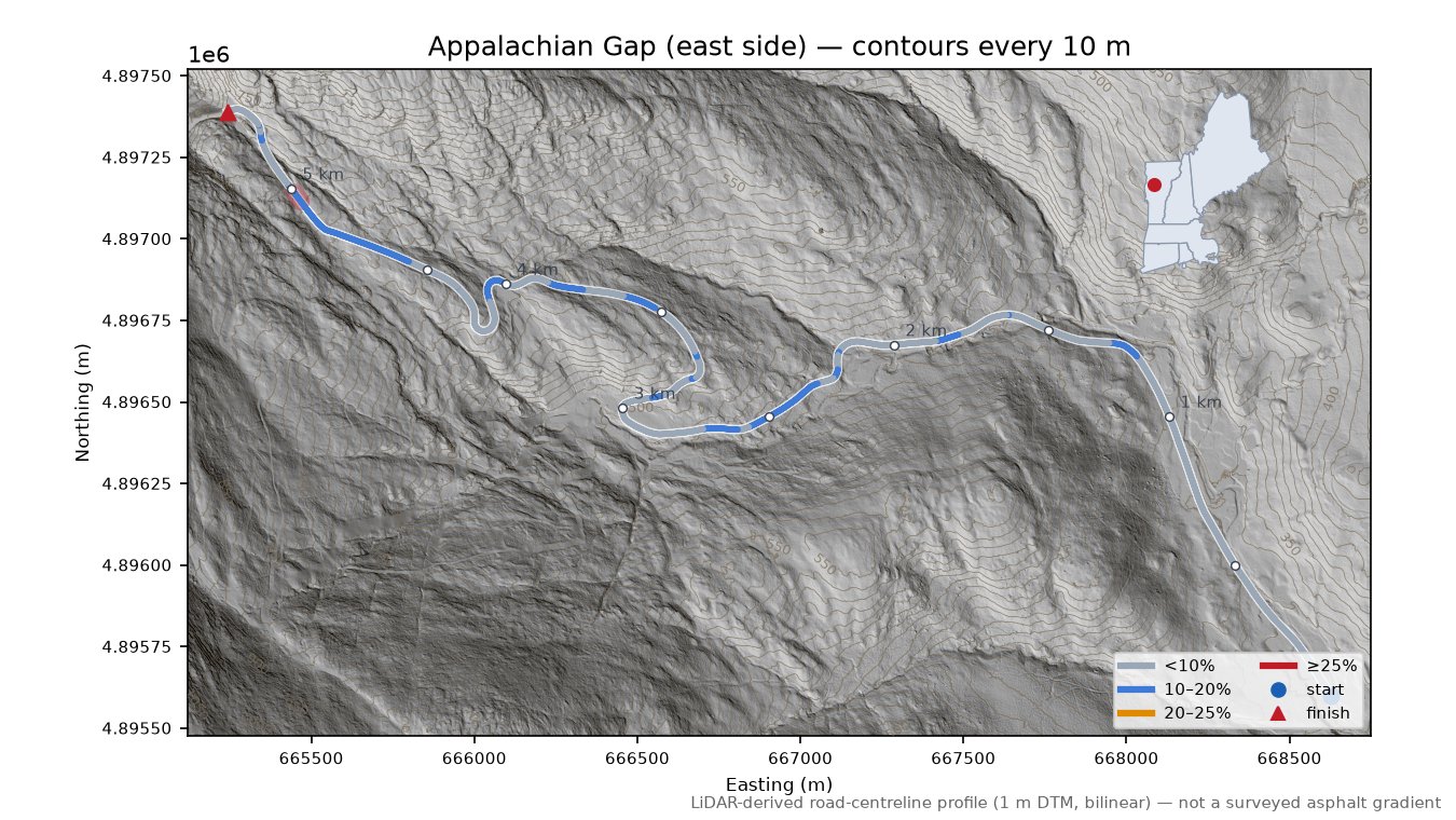 Appalachian Gap (east side) LiDAR hillshade map with contours