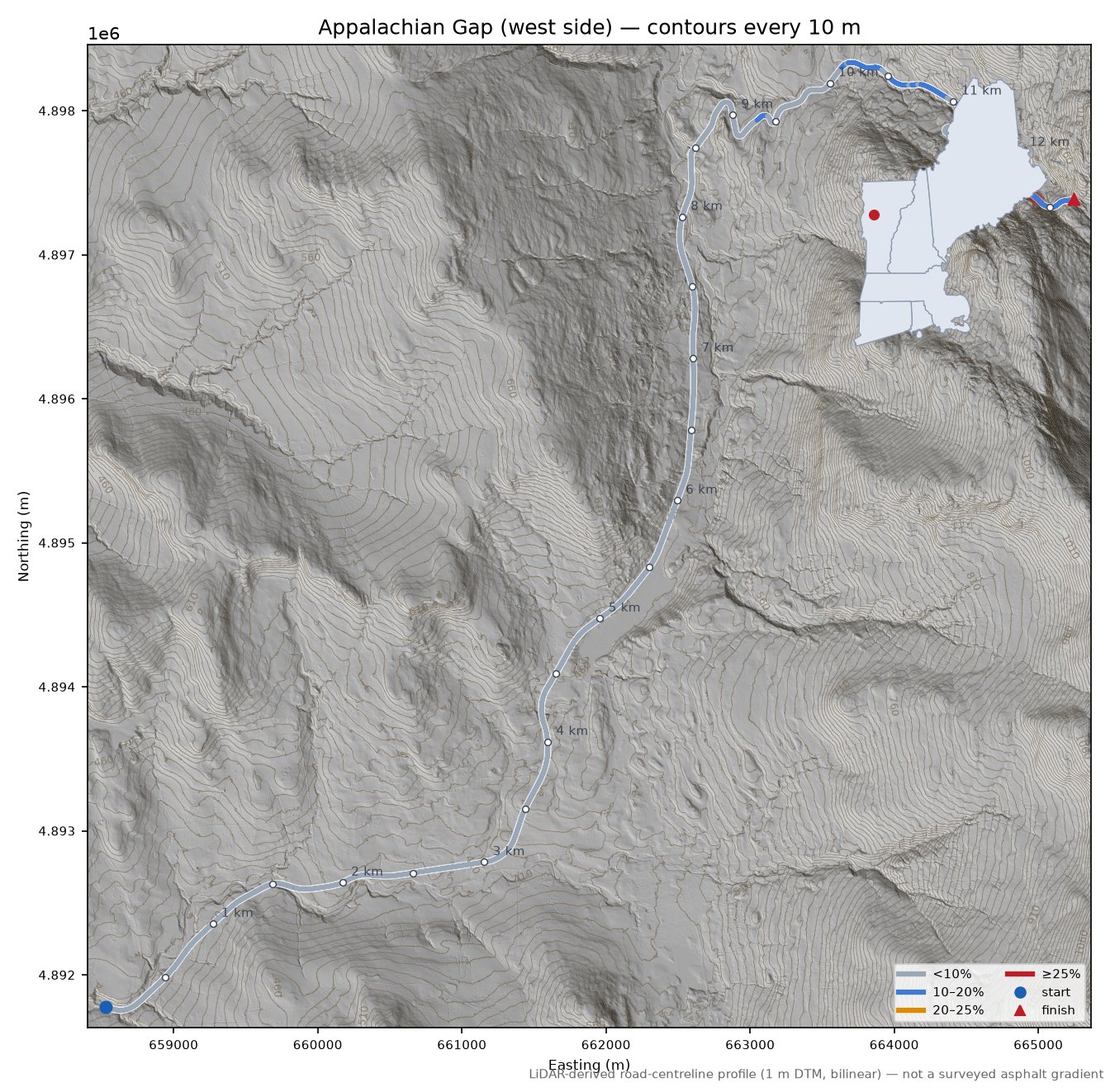 Appalachian Gap (west side) LiDAR hillshade map with contours