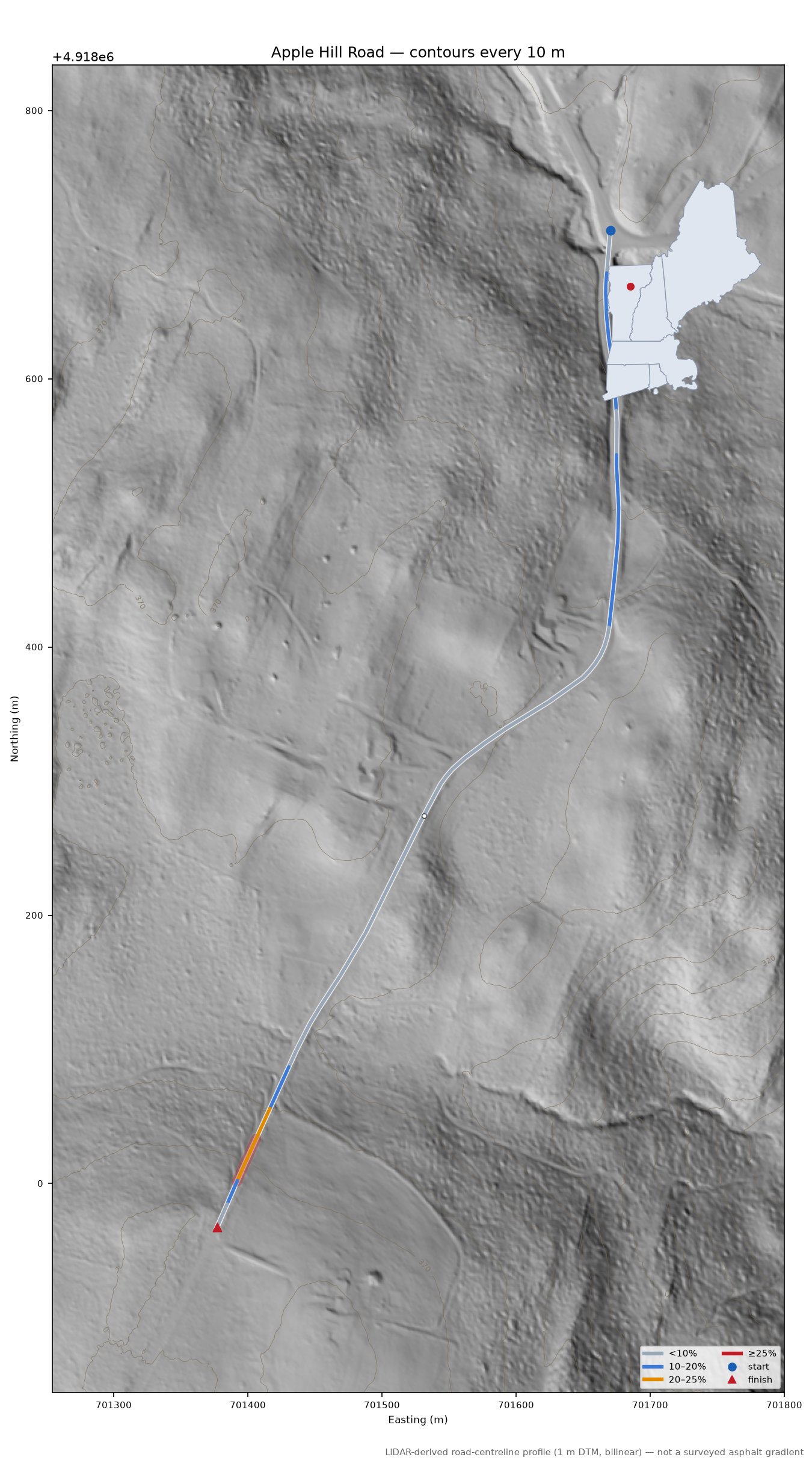 Apple Hill Road LiDAR hillshade map with contours