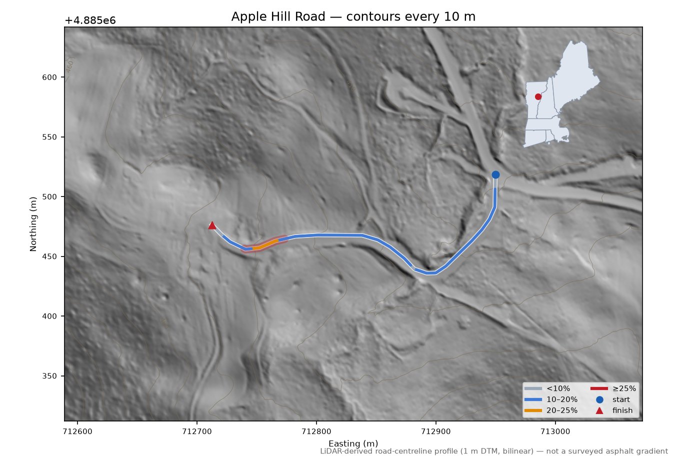 Apple Hill Road LiDAR hillshade map with contours