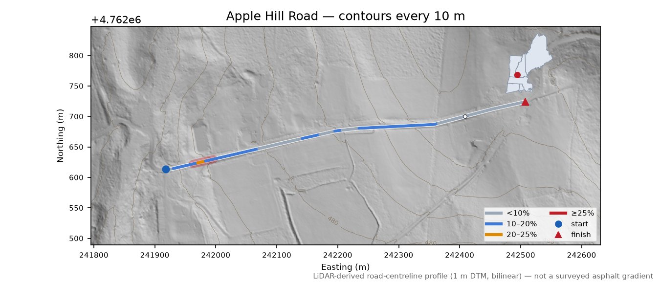 Apple Hill Road LiDAR hillshade map with contours