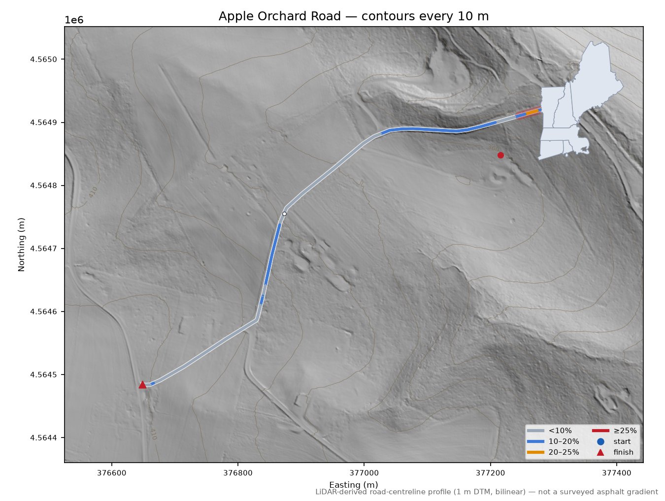 Apple Orchard Road LiDAR hillshade map with contours