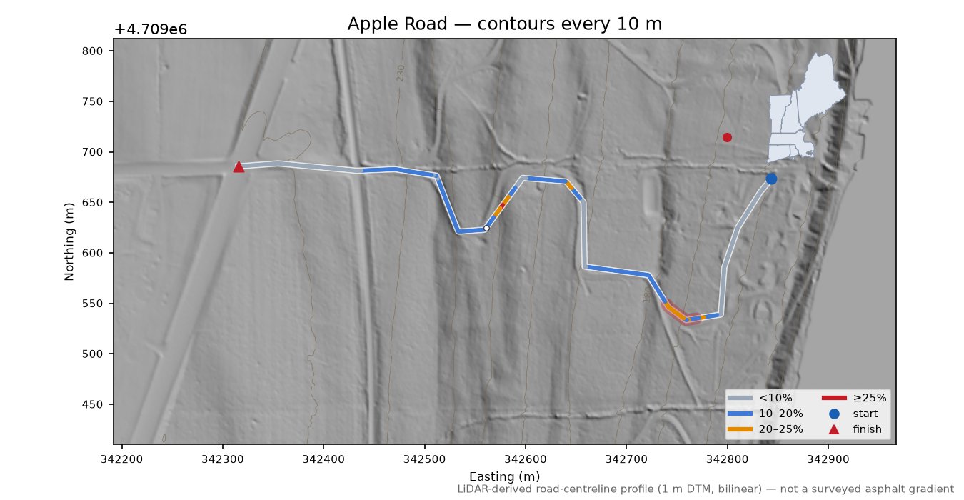 Apple Road LiDAR hillshade map with contours